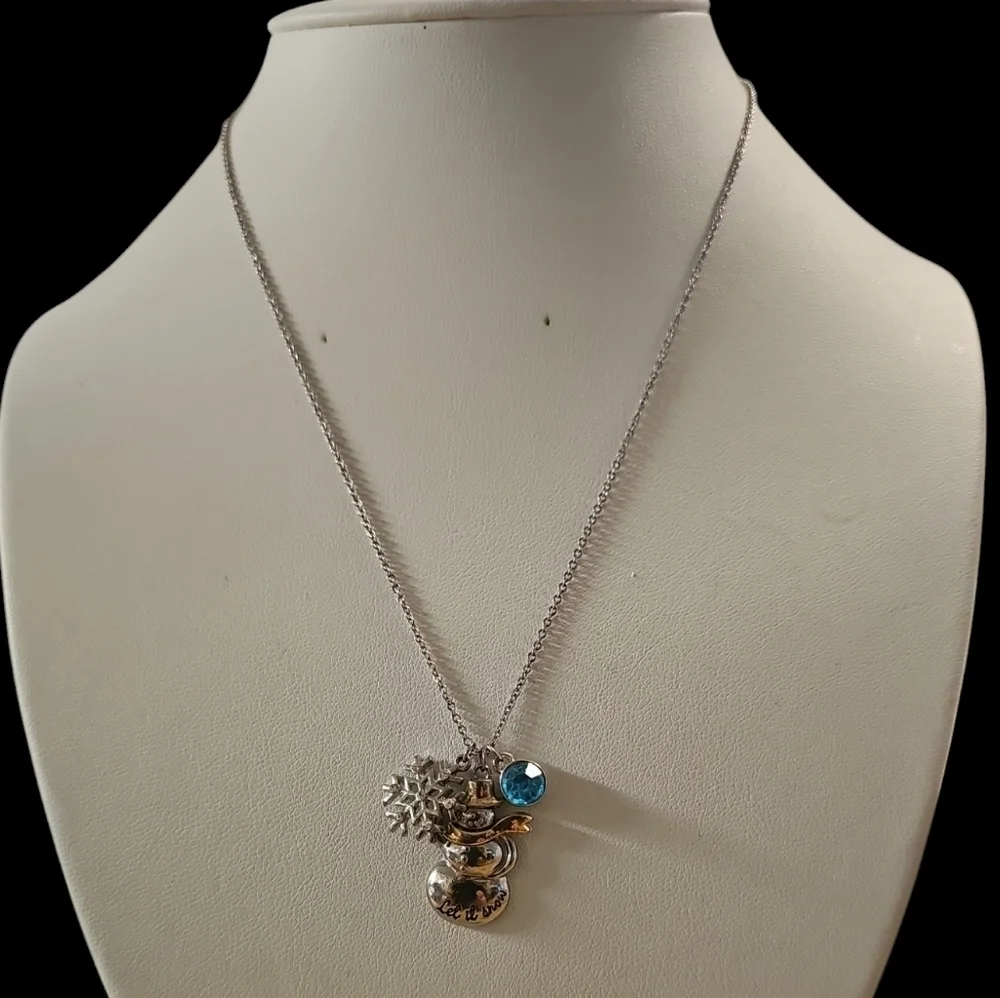 Winter Snowman and Snowflake Pendant Necklace